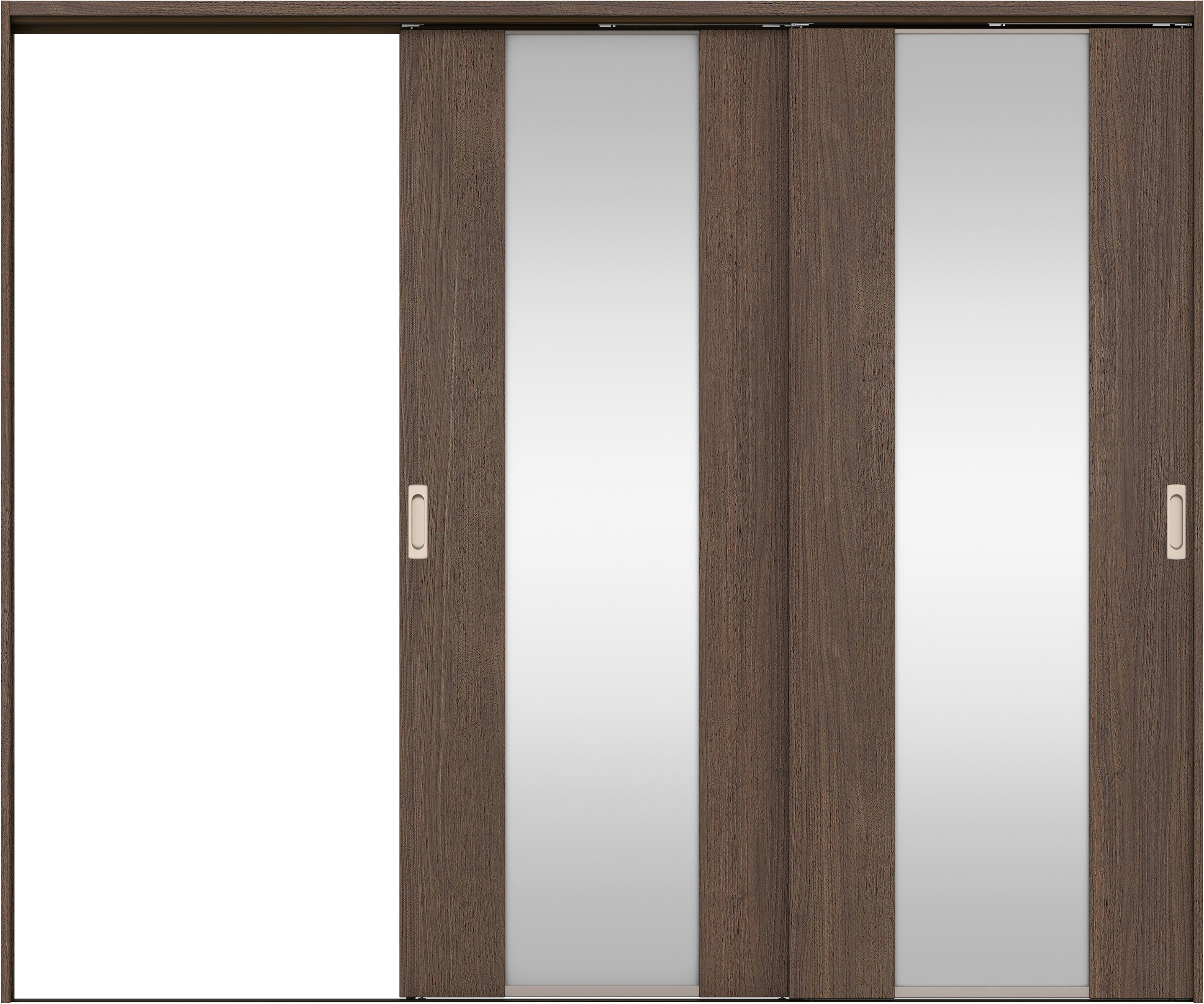 リビングドア　イエリア　吊戸・２枚片引　扉セット　４Ｐデザイン　２４３７幅用　２０００高　〈ダルブラウン柄〉　左引用　錠なし　ラクラクローズ付用