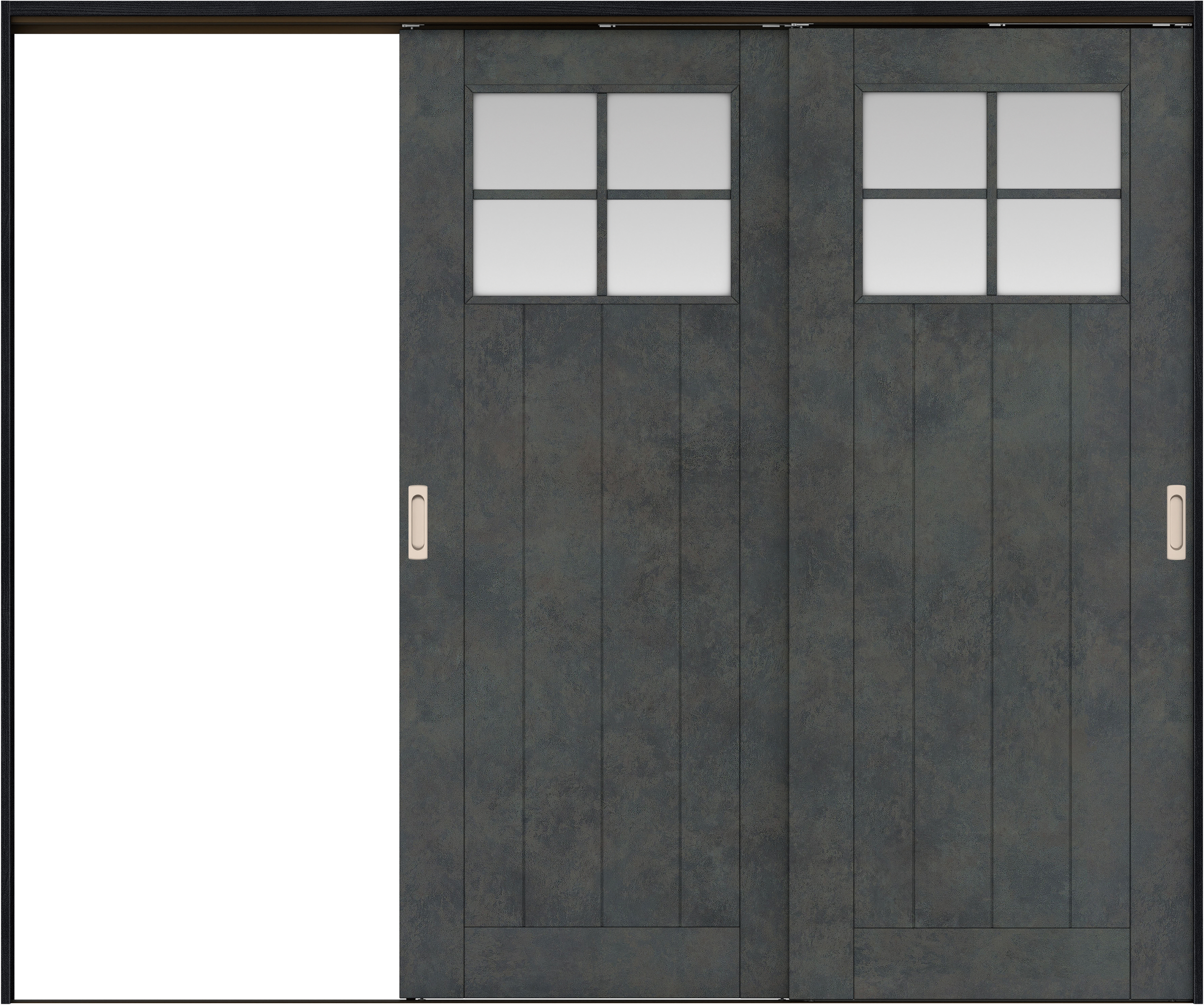 リビングドア　イエリア　吊戸・２枚片引　扉セット　１Ｓデザイン　２４３７幅用　２０００高　〈アイアンブラック柄〉　左引用　錠なし　ラクラクローズ付用