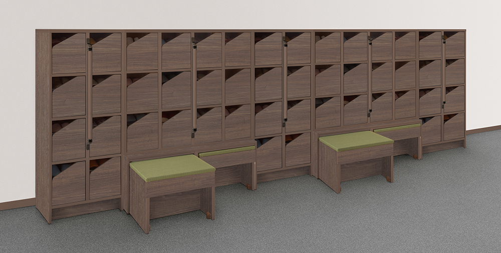 玄関収納　共用下駄箱　基本ユニット　セット　６００幅用　〈ダルブラウン柄〉　扉つき　右開き　共用下駄箱ベンチ付　１２００幅　〈銀白色〉　オプション　ディンプル手摺セット　８００長