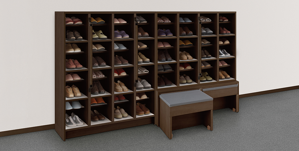 玄関収納　共用下駄箱　基本ユニット　セット　１２００幅用　〈ダルブラウン柄〉　扉なし　共用下駄箱ベンチ付　〈墨染色〉　オプション　ディンプル手摺セット　８００長