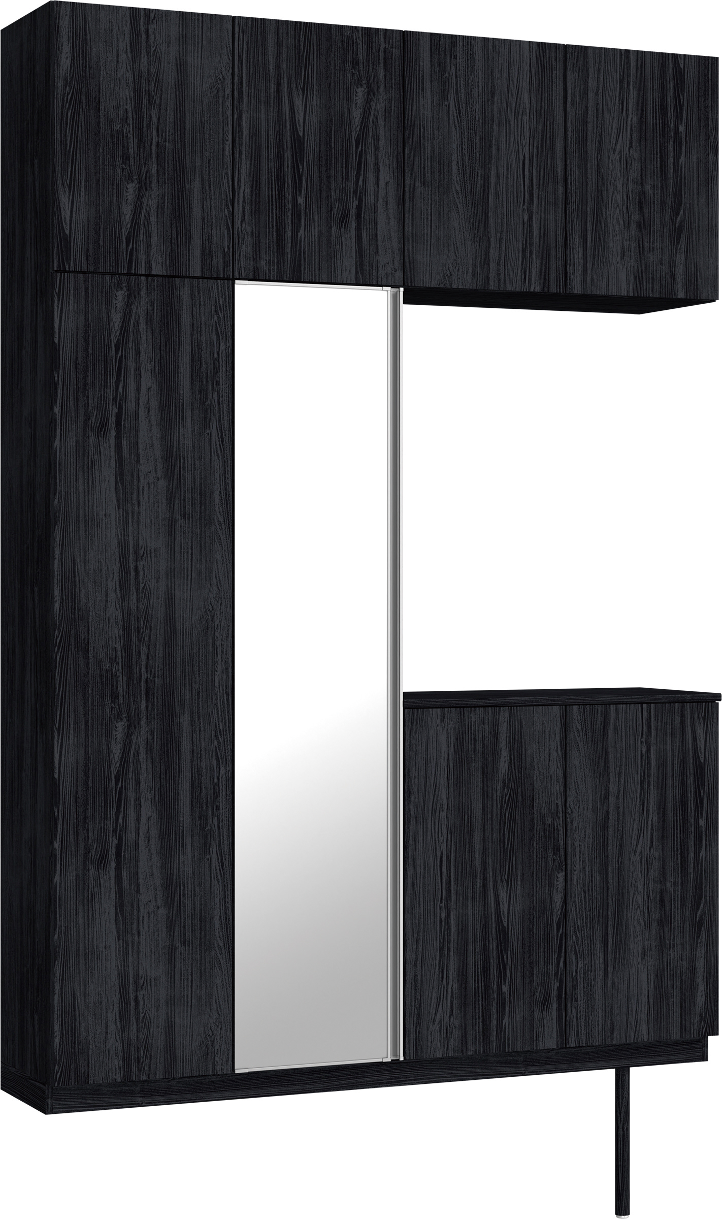 玄関収納　イエリア　開き戸ユニット　フラット縦木目　Ｓ４９　コの字ＰＬＡＮ　シューズ収納　ミラー扉　１６００幅　〈モスブラック柄〉　ハンドルレス