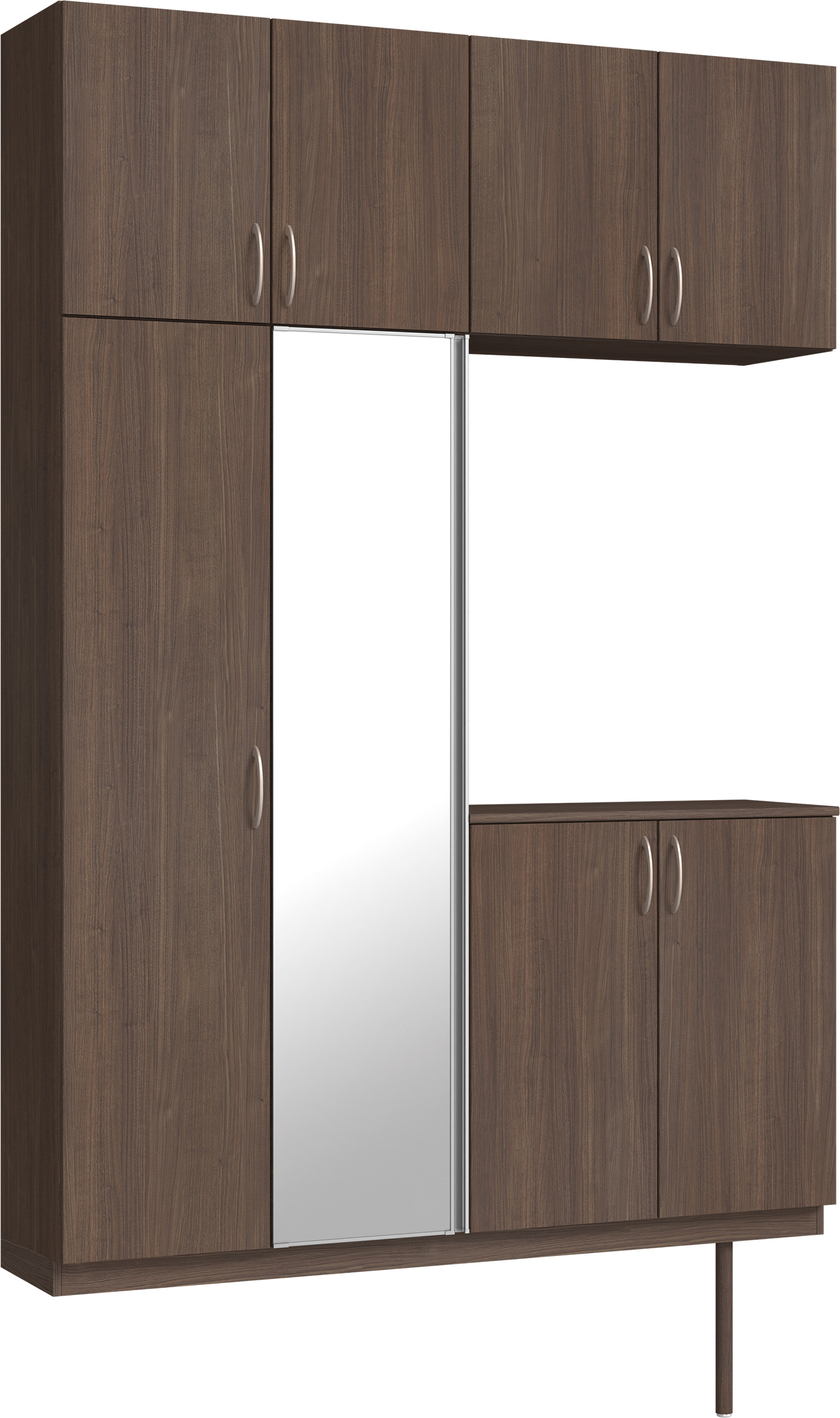 玄関収納　イエリア　開き戸ユニット　フラット縦木目　Ｓ４９　コの字ＰＬＡＮ　シューズ収納　ミラー扉　１６００幅　〈ダルブラウン柄〉　ハンドルラウンド型〈Ｔシルバー色〉