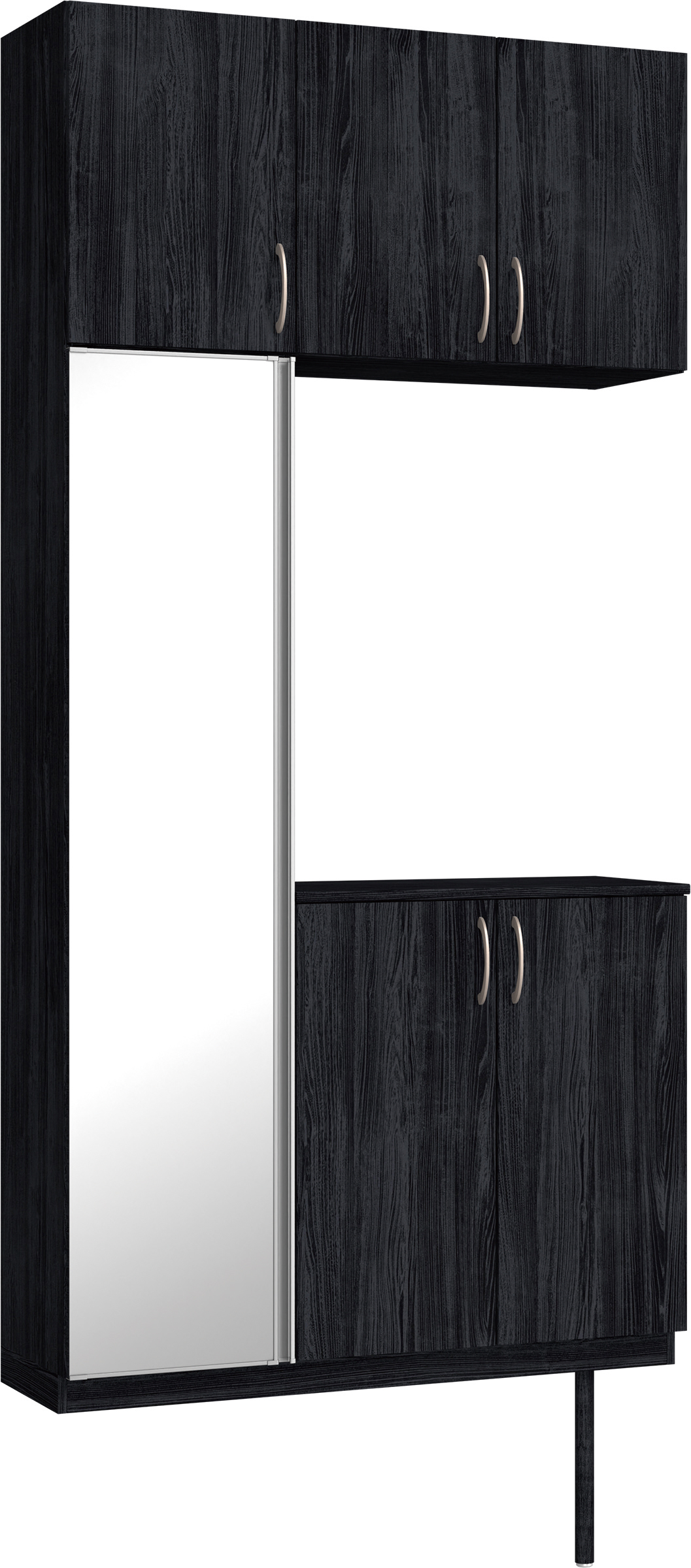 玄関収納　イエリア　開き戸ユニット　フラット縦木目　Ｓ７１　コの字ＰＬＡＮ　シューズ収納　ミラー扉　１１４０幅　〈モスブラック柄〉　ハンドルラウンド型〈Ｔシルバー色〉