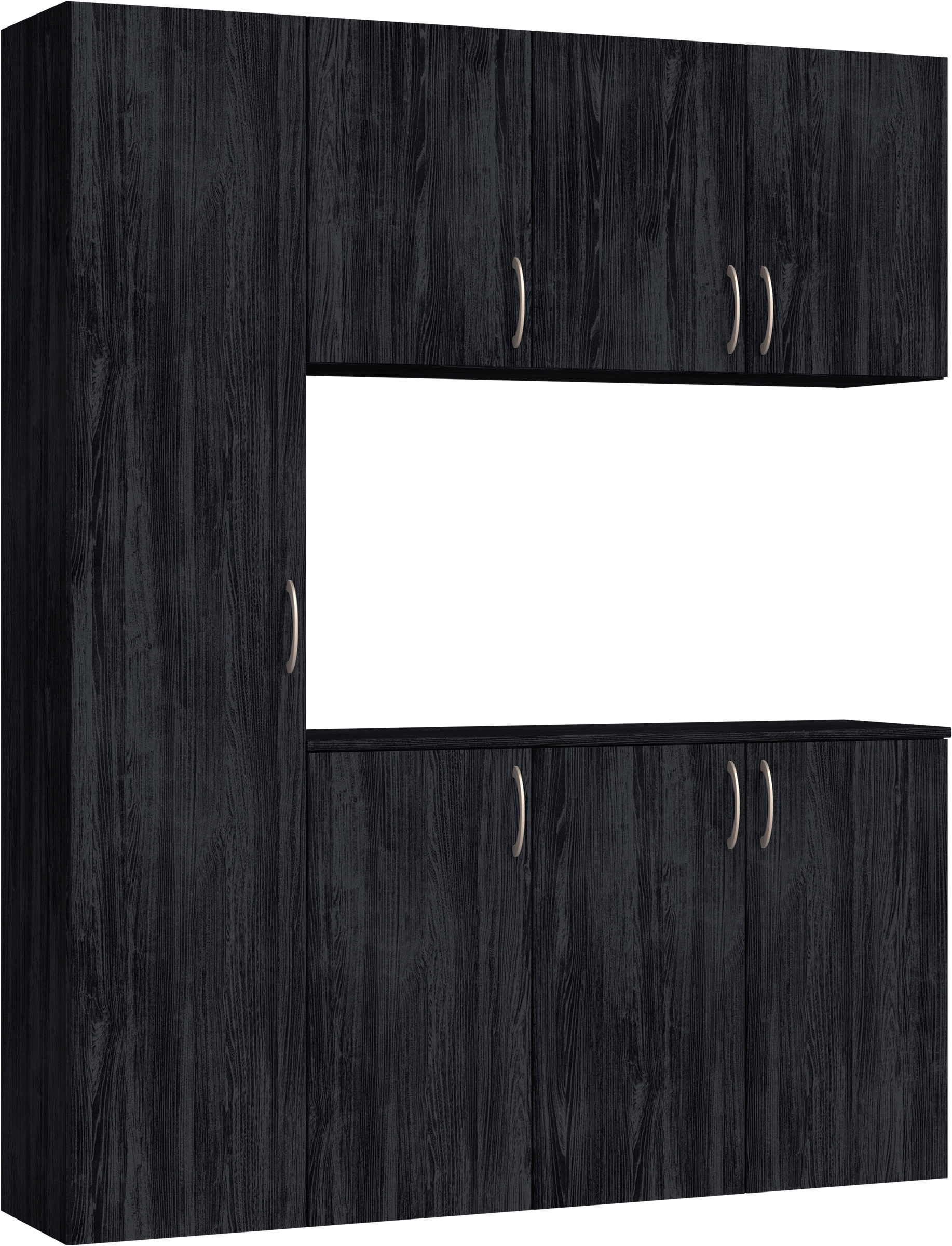 玄関収納　イエリア　開き戸ユニット　フラット縦木目　Ｓ８０　コの字ＰＬＡＮ　シューズ収納　ウッド扉　１６００幅　〈モスブラック柄〉　ハンドルラウンド型〈Ｔシルバー色〉