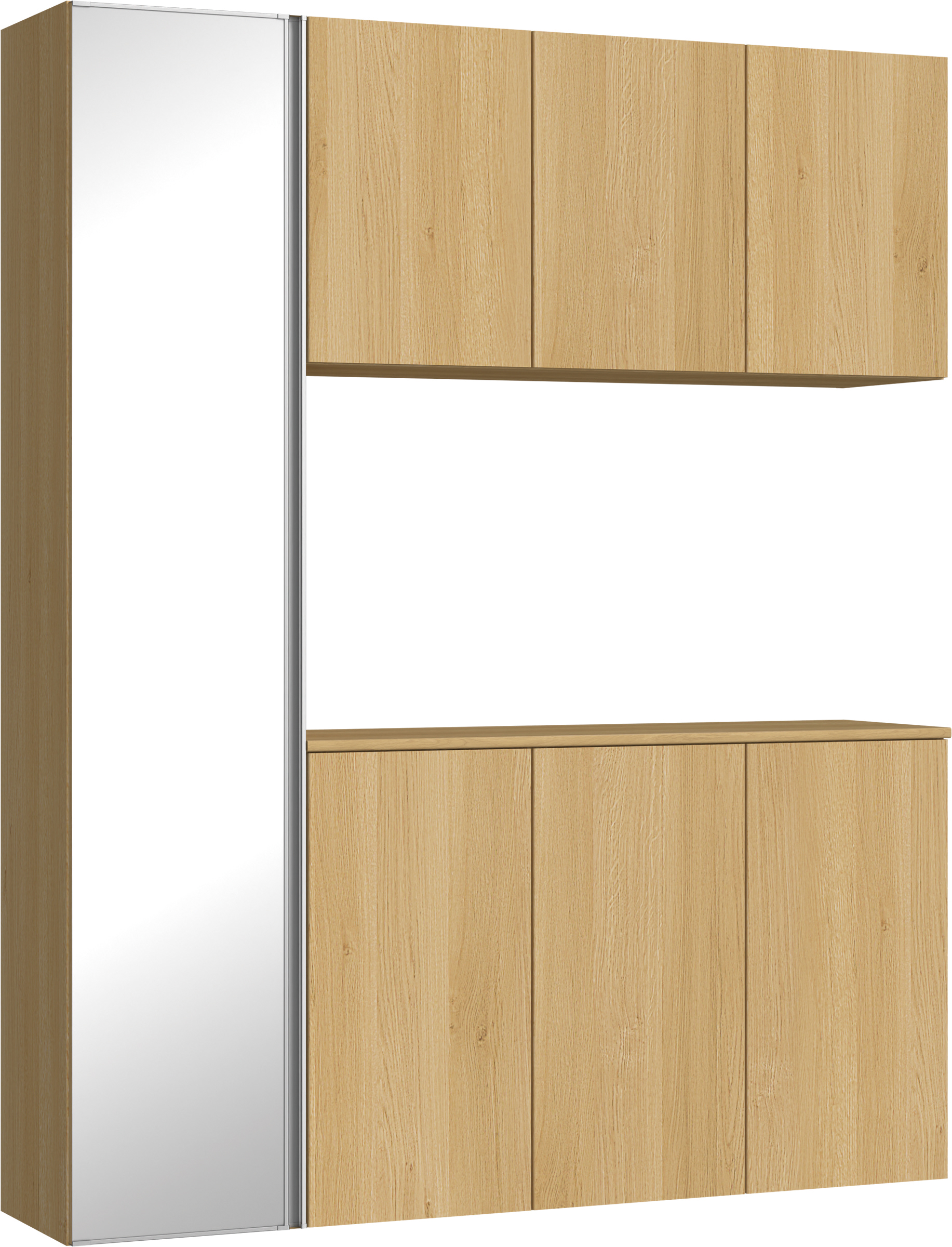 玄関収納　イエリア　開き戸ユニット　フラット縦木目　Ｓ８１　コの字ＰＬＡＮ　シューズ収納　ミラー扉　１６００幅　〈ライトオーカー柄〉　ハンドルレス