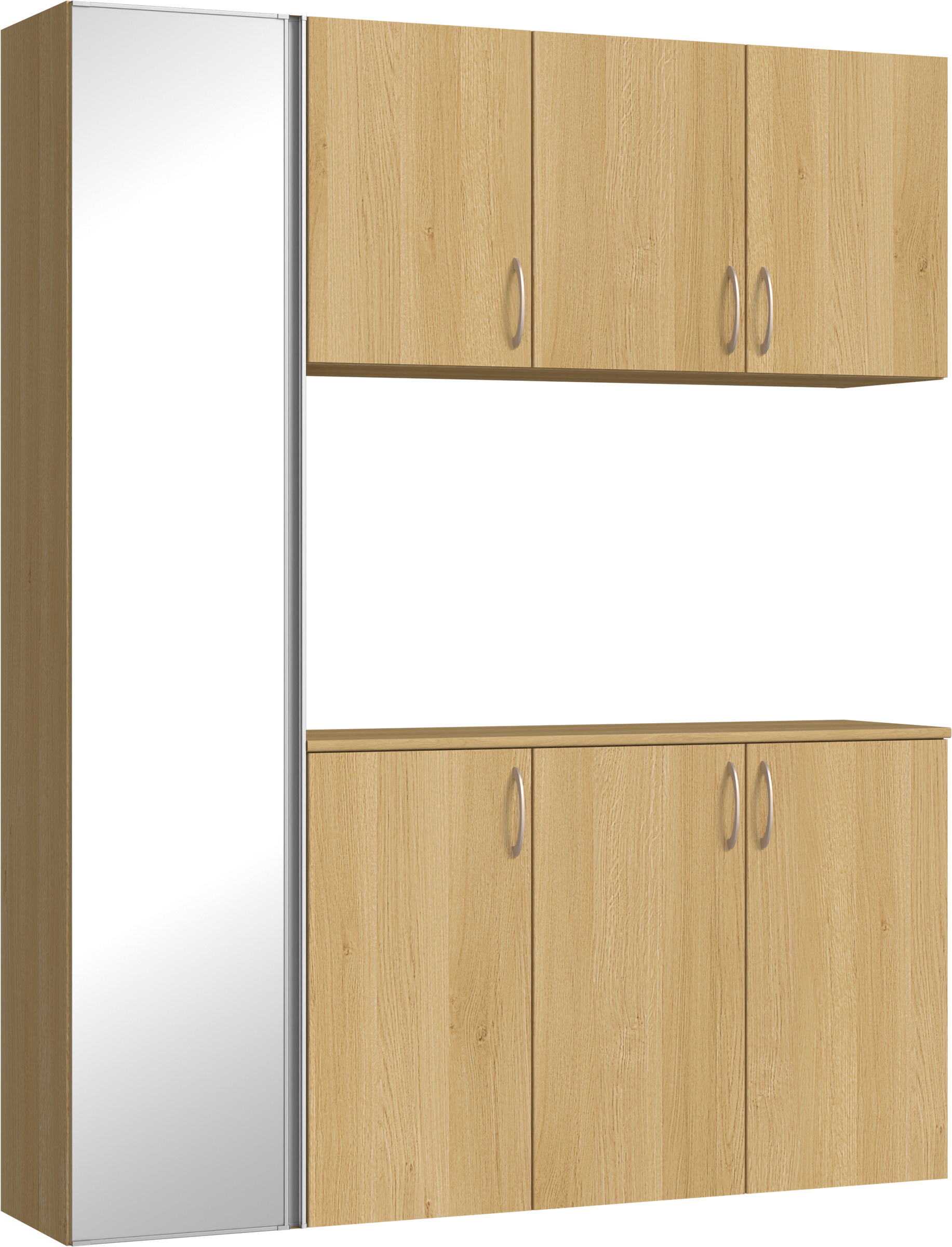 玄関収納　イエリア　開き戸ユニット　フラット縦木目　Ｓ８１　コの字ＰＬＡＮ　シューズ収納　ミラー扉　１６００幅　〈ライトオーカー柄〉　ハンドルラウンド型〈Ｔシルバー色〉