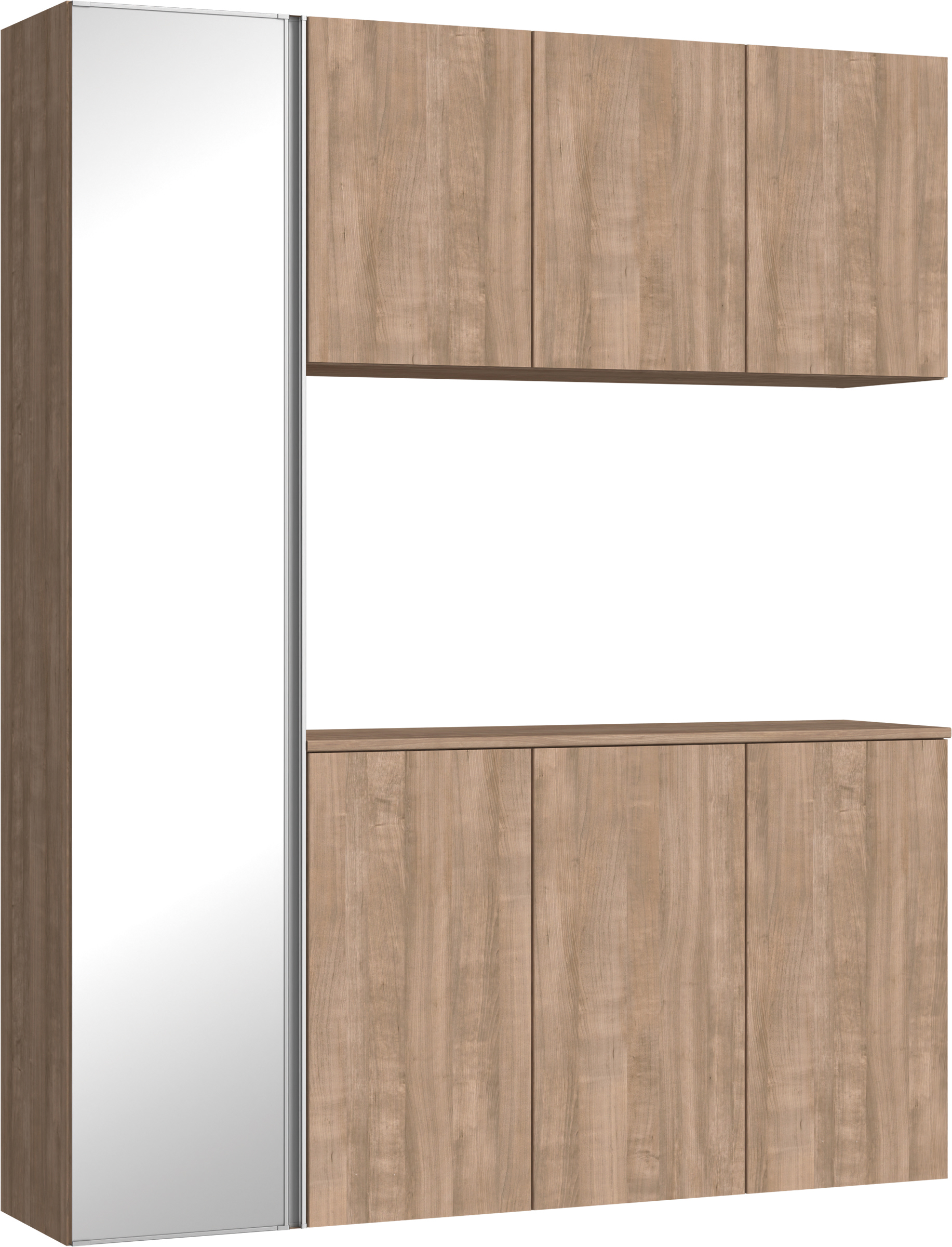 玄関収納　イエリア　開き戸ユニット　フラット縦木目　Ｓ８１　コの字ＰＬＡＮ　シューズ収納　ミラー扉　１６００幅　〈トープグレー柄〉　ハンドルレス