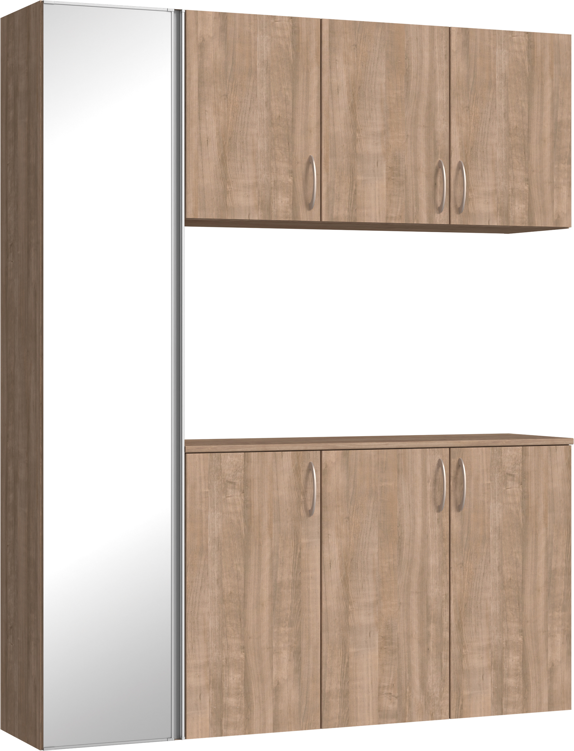 玄関収納　イエリア　開き戸ユニット　フラット縦木目　Ｓ８１　コの字ＰＬＡＮ　シューズ収納　ミラー扉　１６００幅　〈トープグレー柄〉　ハンドルラウンド型〈Ｔシルバー色〉