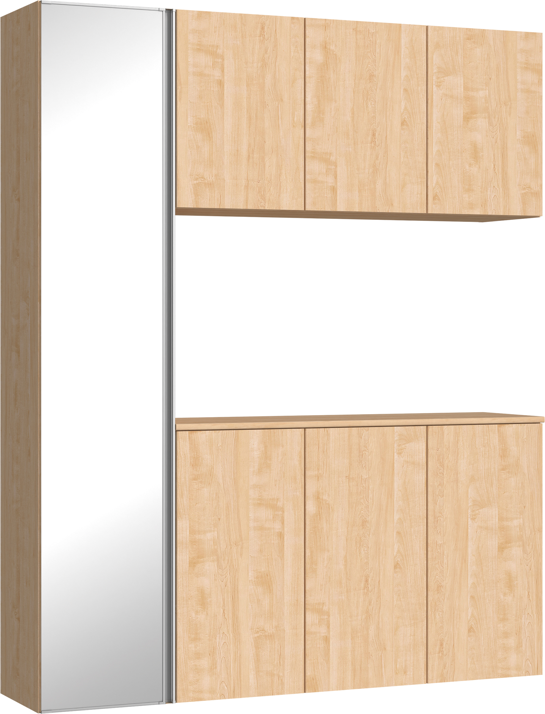 玄関収納　イエリア　開き戸ユニット　フラット縦木目　Ｓ８１　コの字ＰＬＡＮ　シューズ収納　ミラー扉　１６００幅　〈ミルベージュ柄〉　ハンドルレス