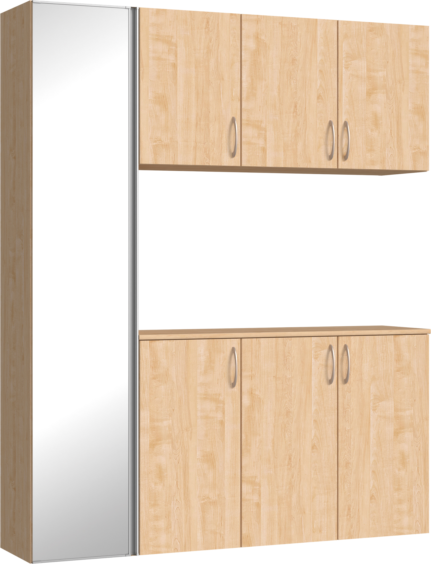 玄関収納　イエリア　開き戸ユニット　フラット縦木目　Ｓ８１　コの字ＰＬＡＮ　シューズ収納　ミラー扉　１６００幅　〈ミルベージュ柄〉　ハンドルラウンド型〈Ｔシルバー色〉