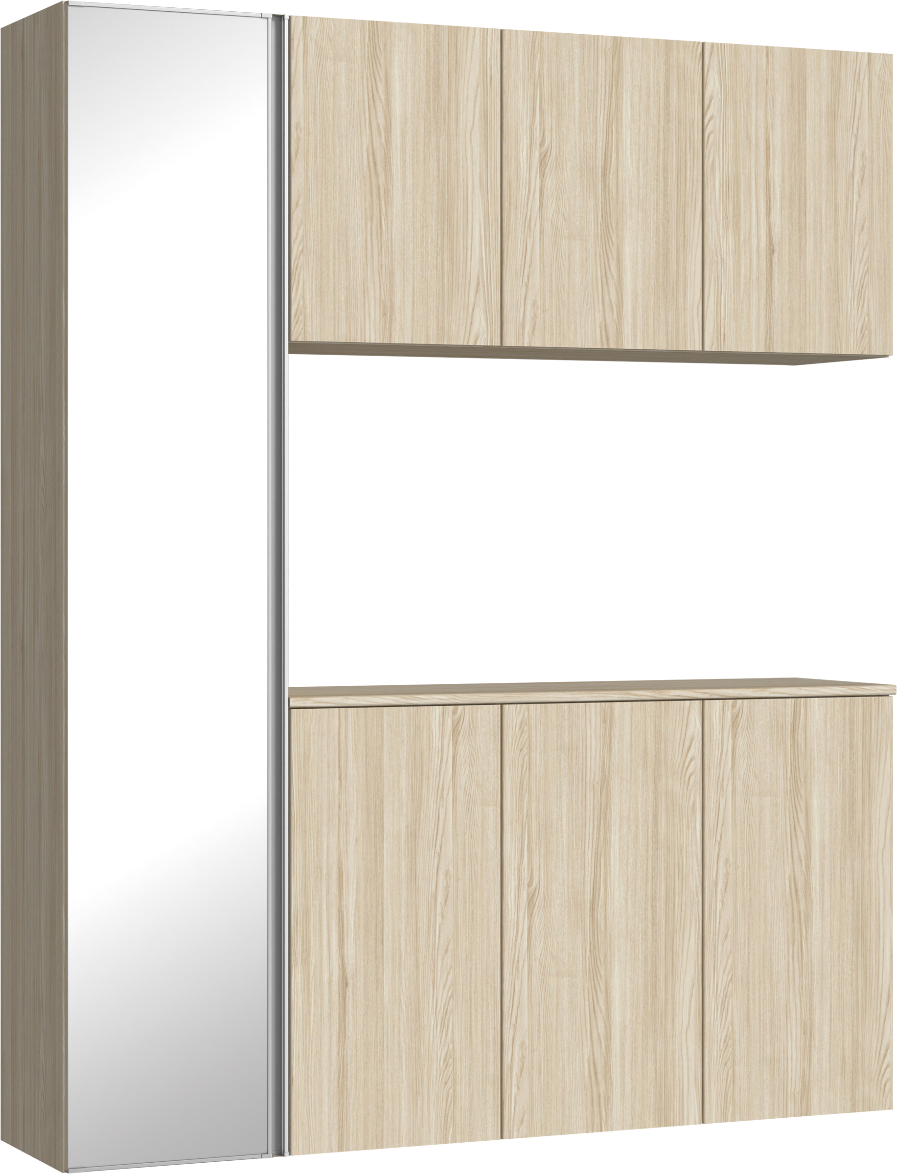 玄関収納　イエリア　開き戸ユニット　フラット縦木目　Ｓ８１　コの字ＰＬＡＮ　シューズ収納　ミラー扉　１６００幅　〈ソフトグレージュ柄〉　ハンドルレス