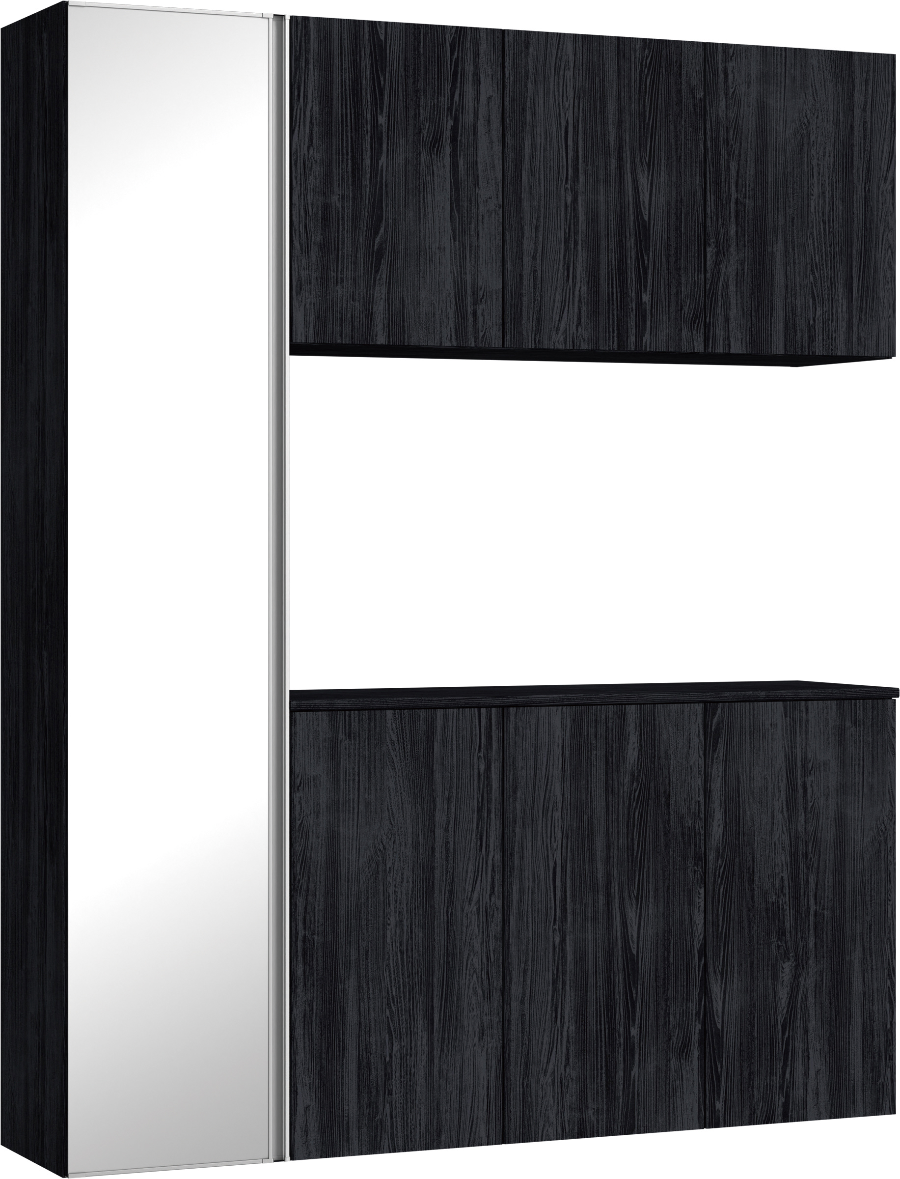 玄関収納　イエリア　開き戸ユニット　フラット縦木目　Ｓ８１　コの字ＰＬＡＮ　シューズ収納　ミラー扉　１６００幅　〈モスブラック柄〉　ハンドルレス