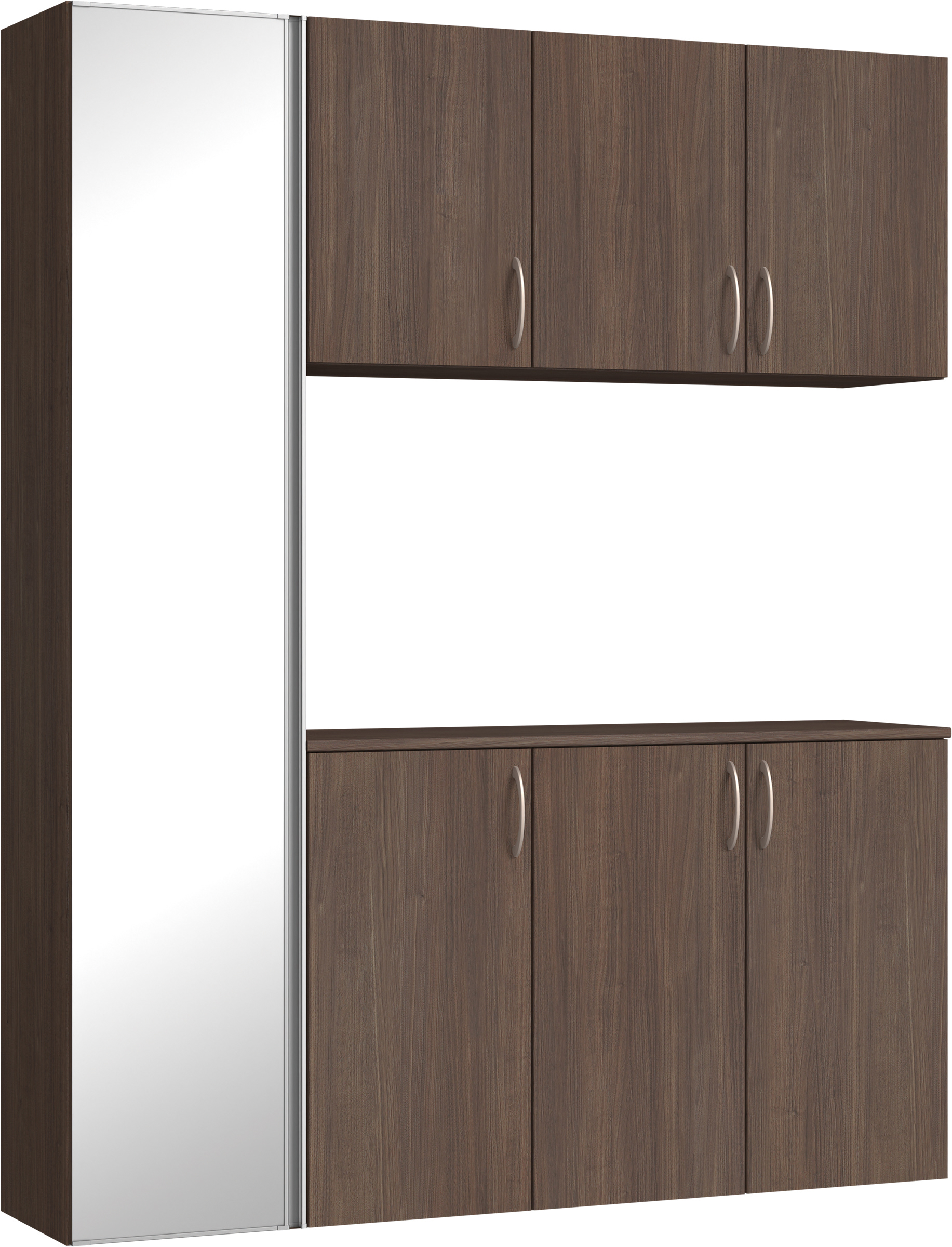 玄関収納　イエリア　開き戸ユニット　フラット縦木目　Ｓ８１　コの字ＰＬＡＮ　シューズ収納　ミラー扉　１６００幅　〈ダルブラウン柄〉　ハンドルラウンド型〈Ｔシルバー色〉