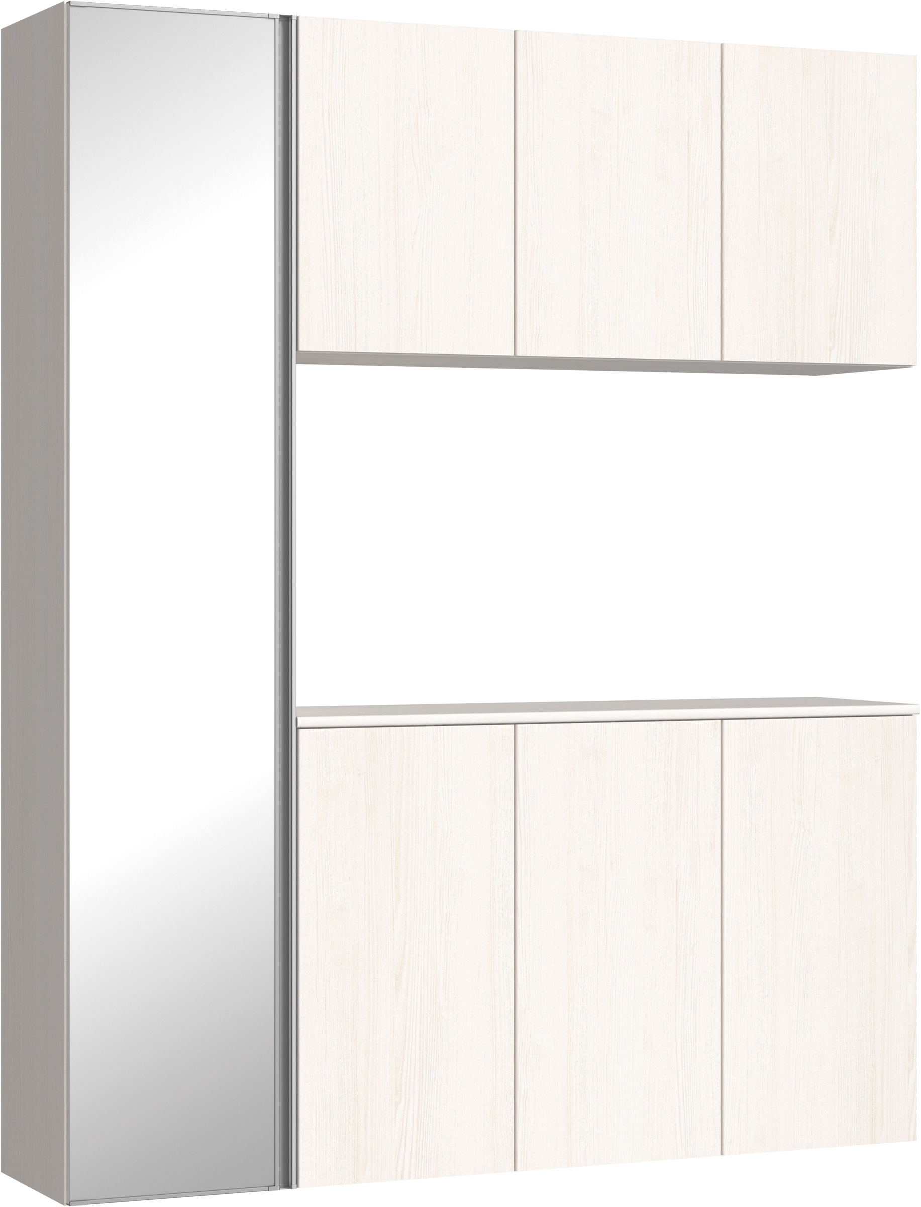 玄関収納　イエリア　開き戸ユニット　フラット縦木目　Ｓ８１　コの字ＰＬＡＮ　シューズ収納　ミラー扉　１６００幅　〈ネオホワイト柄〉　ハンドルレス