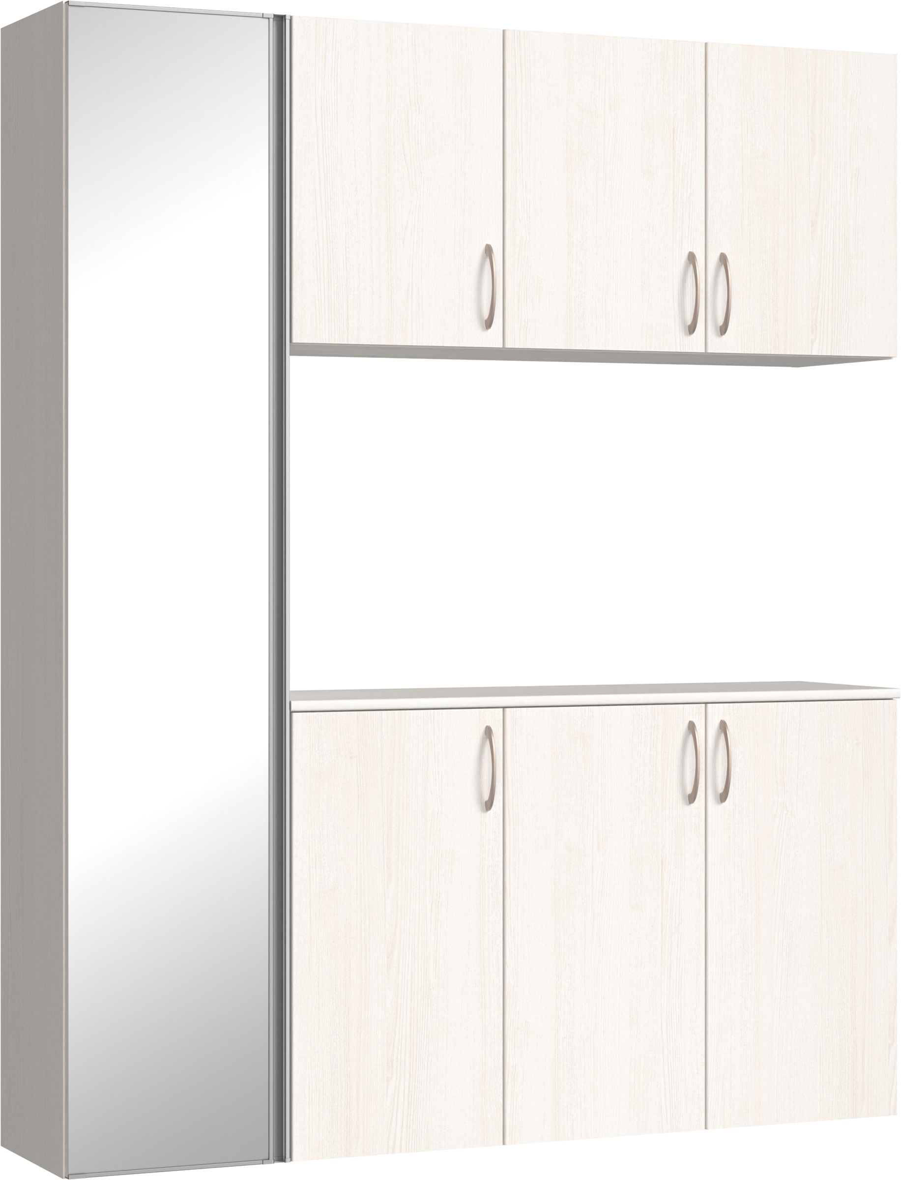 玄関収納　イエリア　開き戸ユニット　フラット縦木目　Ｓ８１　コの字ＰＬＡＮ　シューズ収納　ミラー扉　１６００幅　〈ネオホワイト柄〉　ハンドルラウンド型〈Ｔシルバー色〉