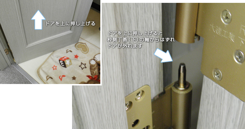 ドアを上に押し上げると枠側丁番(下)の軸からはずれドアが外れます